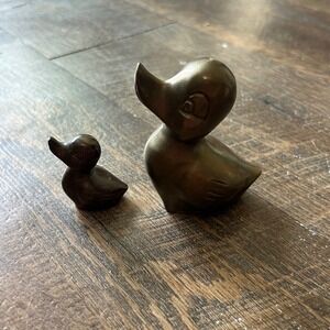 Vintage Brass Duck Figurines Set of 2 Mid Century Modern Taiwan Patina Bird